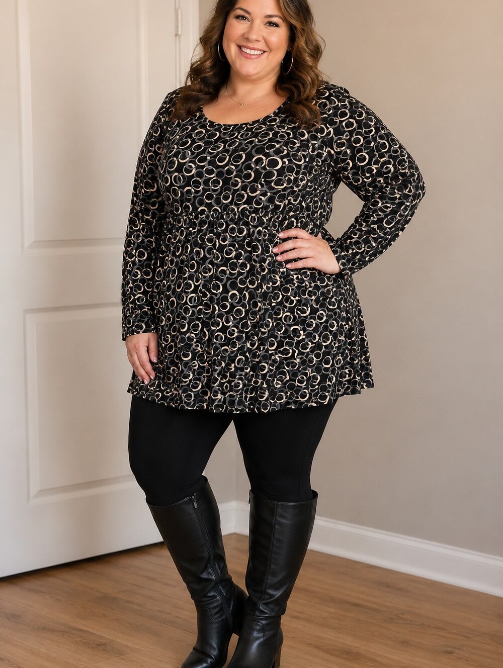 Susan Lawrence Black Circle-Print Long Sleeve Scoop Neck Top Shirt Blouse